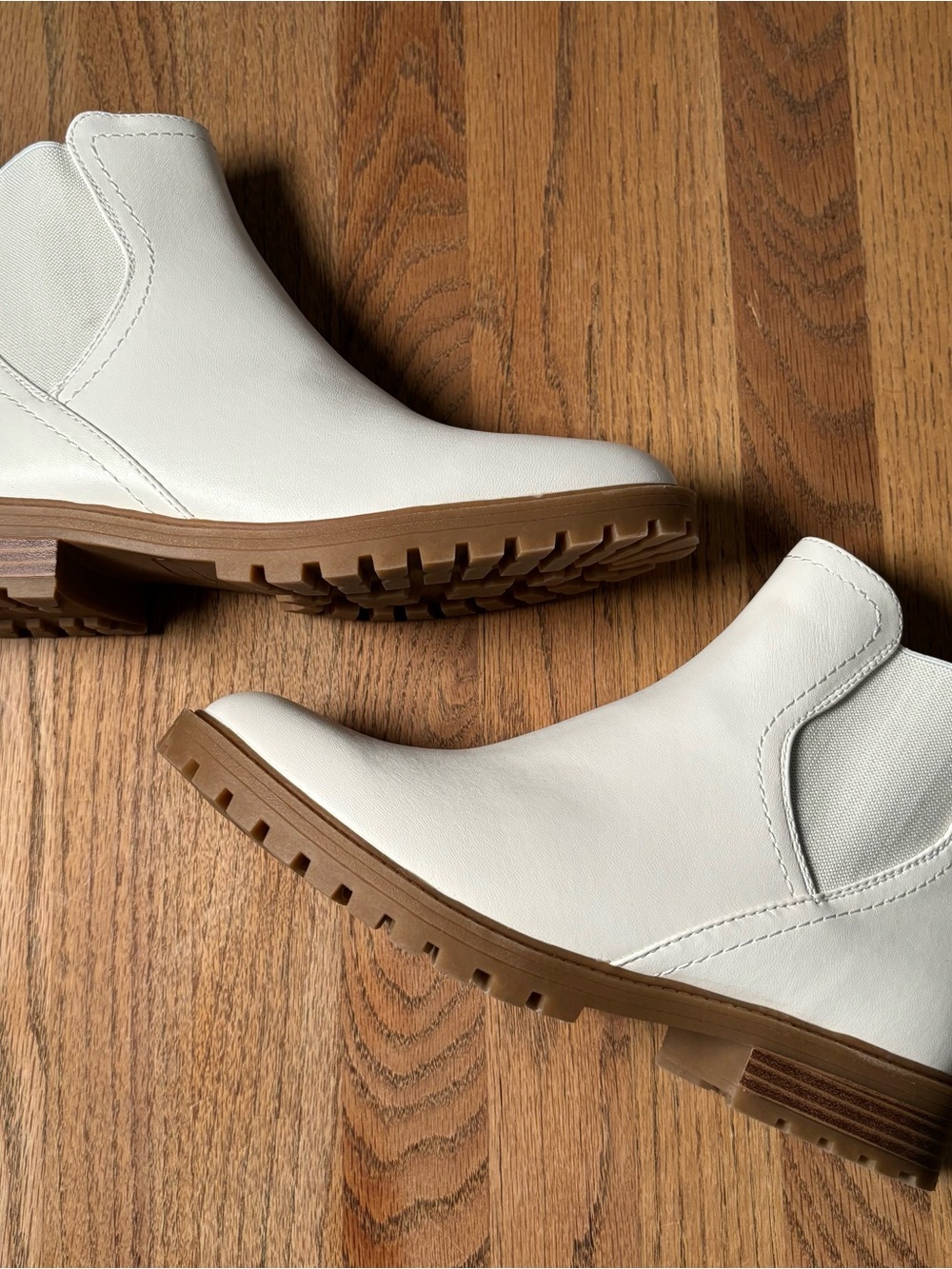 White Faux Leather Chelsea Boots with Brown Lug Sole